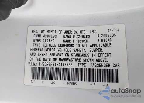 2014 Honda Accord Lx from USA, damaged, VIN 1HGCR2F31EA195688